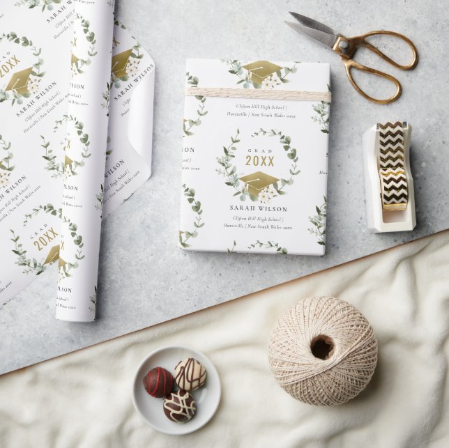 Elegant Botanical Leafy Wreath Gold Graduation Wrapping Paper (Crafts)