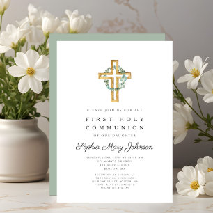 Elegant Botanical Leaves Cross First Communion Invitation