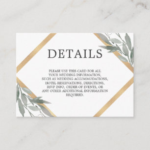 Elegant Botanical Leaves Gold Foil Wedding DETAILS Enclosure Card