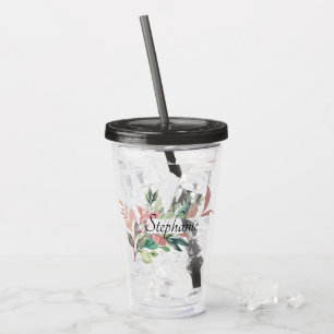 Elegant Botanical Leaves Personalised Name Acrylic Tumbler