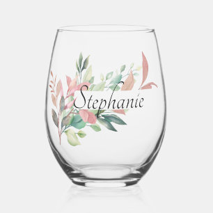 Elegant Botanical Leaves Personalised Name Stemless Wine Glass