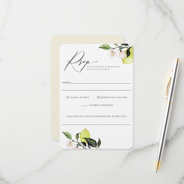 Elegant Botanical Lemons Wedding Food Allergy Rsvp Card (Front/Back In Situ)