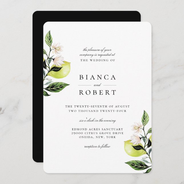 Elegant Botanical Lemons Wedding Invitation (Front/Back)