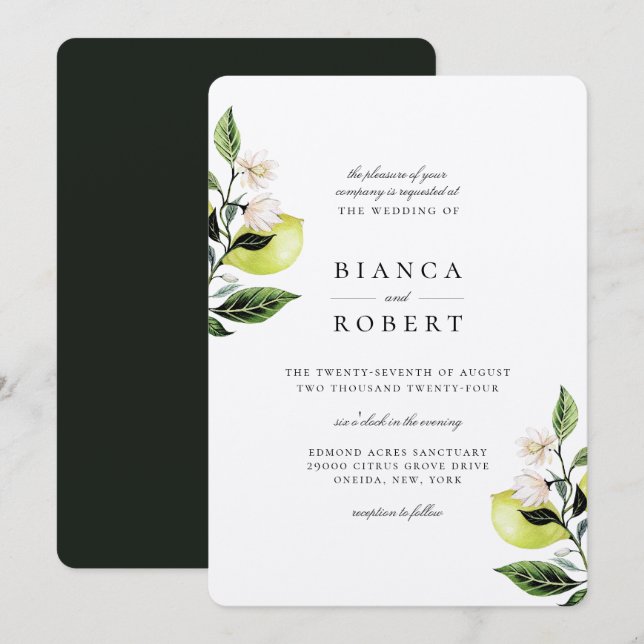 Elegant Botanical Lemons Wedding Invitation (Front/Back)