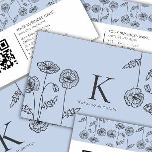 Elegant Botanical Light Blue Poppy Flowers QR Code Business Card