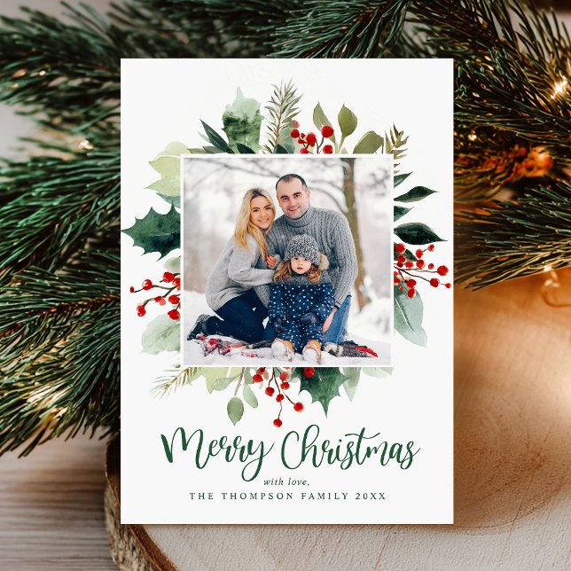 Elegant Botanical Merry Christmas Greenery  Holiday Card (Creator Uploaded)