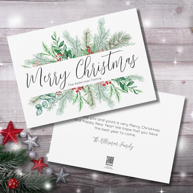 Elegant Botanical Merry Christmas Greenery Holiday Card (Merry Christmas Red Greenery Berries Holiday Card)