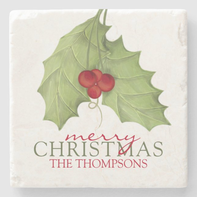 Elegant Botanical Merry Christmas Rustic Name Stone Coaster (Front)