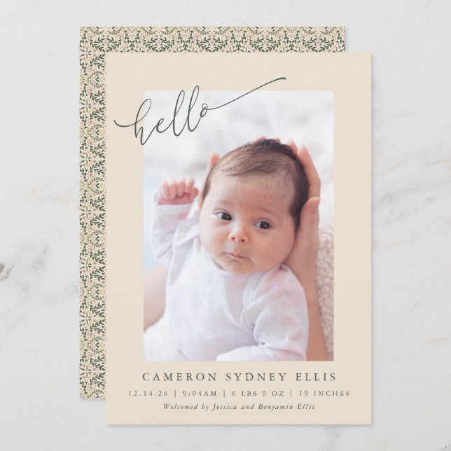 Elegant Botanical Minimalist Hello Photo Birth Announcement (Front/Back)