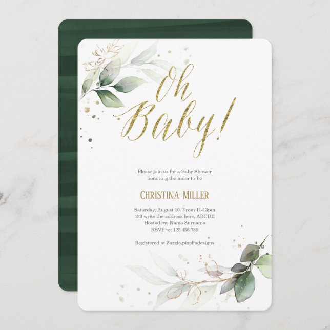 Elegant, Botanical, Modern, Greenery, Baby Shower Invitation (Front/Back)