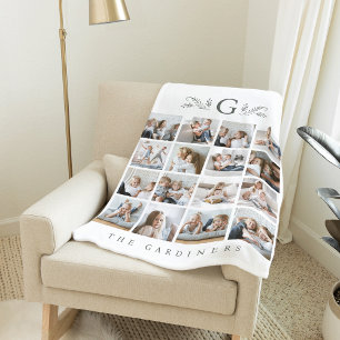 Elegant Botanical Monogram 16 Photo Collage Fleece Blanket