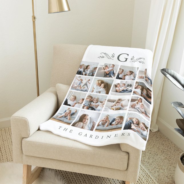 Elegant Botanical Monogram 16 Photo Collage Fleece Blanket (Creator Uploaded)