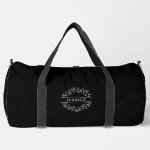 Elegant Botanical Monogram, black Duffle Bag