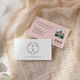 Elegant Botanical Monogram Crest Pink Green Photo Business Card
