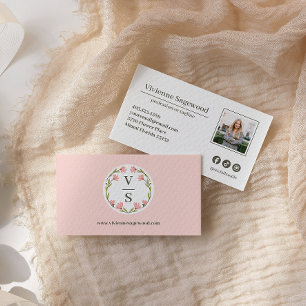 Elegant Botanical Monogram Crest Pink Photo Business Card