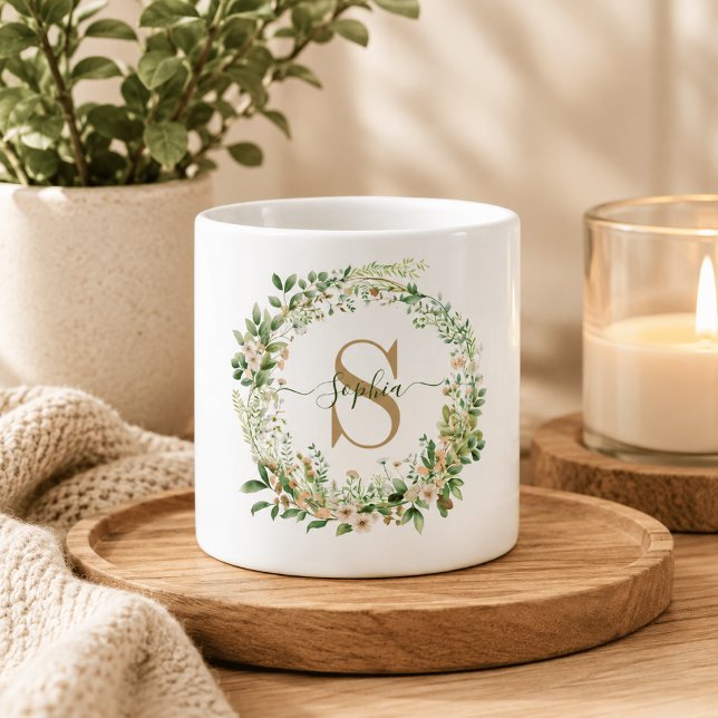 Elegant Botanical Monogram Espresso Mug with Name (Creator Uploaded)