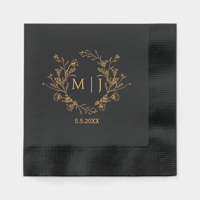 elegant botanical monogram gold black wedding foil napkins (Front)