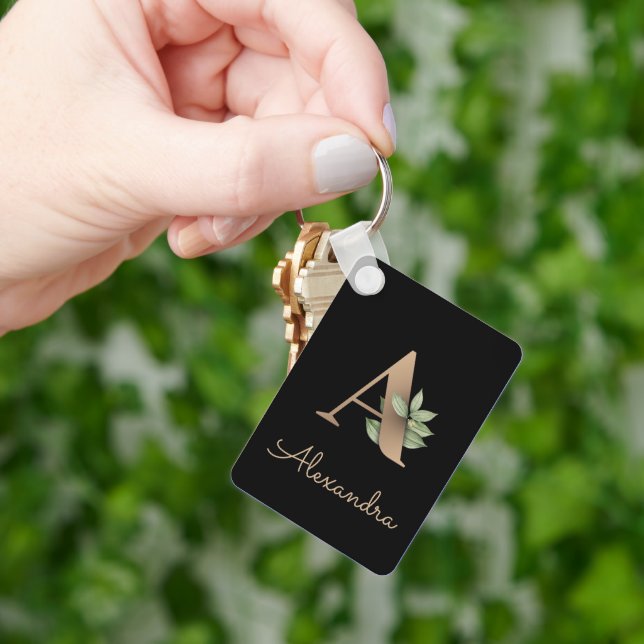Elegant Botanical Monogram Gold Letter A Keychain (Hand)