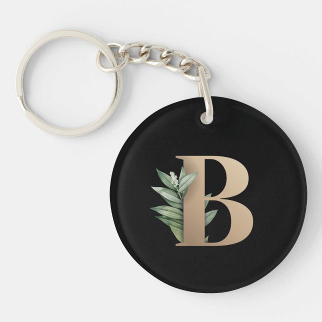Elegant Botanical Monogram Gold Letter B Key Ring (Front)