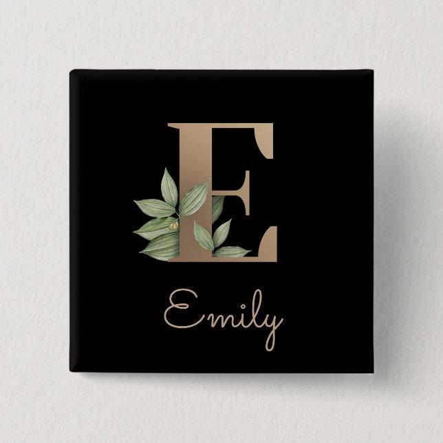 Elegant Botanical Monogram Gold Letter E Button (Front)