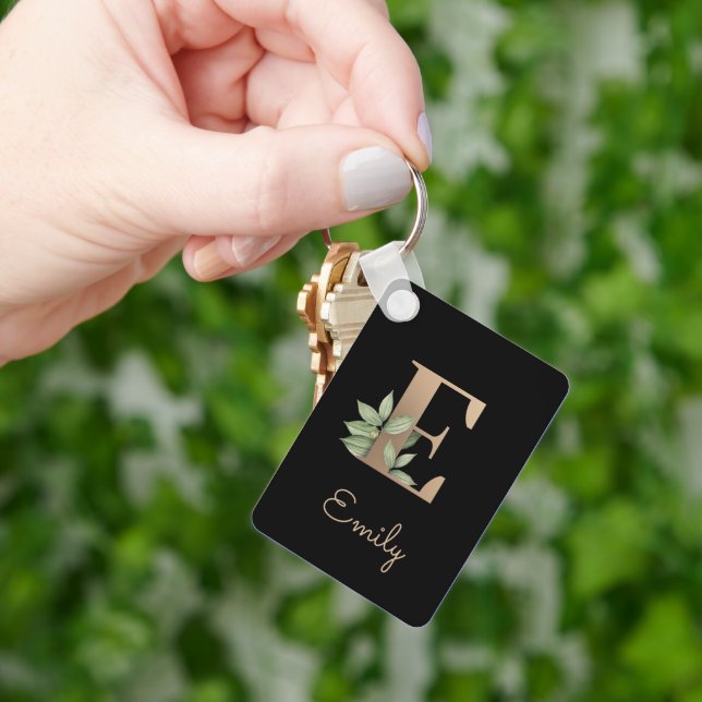 Elegant Botanical Monogram Gold Letter E Keychain (Hand)