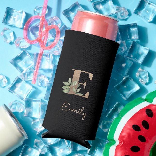 Elegant Botanical Monogram Gold Letter E  Seltzer Can Cooler (In Situ Summer)