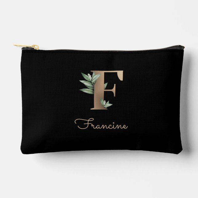 Elegant Botanical Monogram Gold Letter F Accessory Pouch (Front)