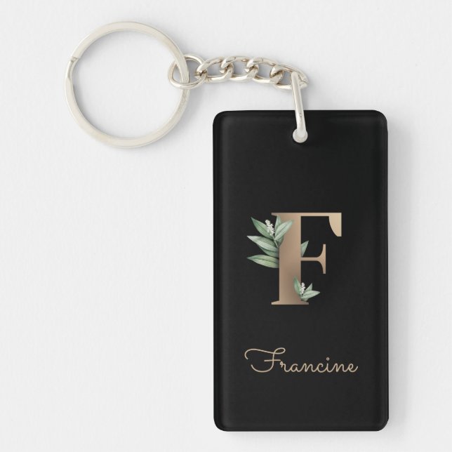 Elegant Botanical Monogram Gold Letter F Key Ring (Front)