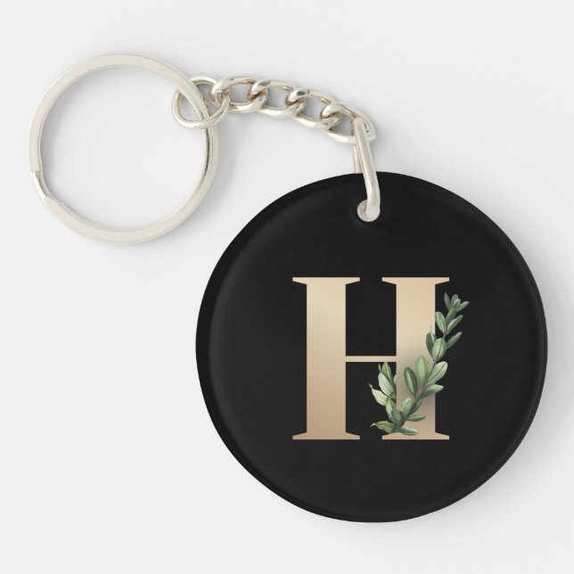 Elegant Botanical Monogram Gold Letter H Key Ring (Front)