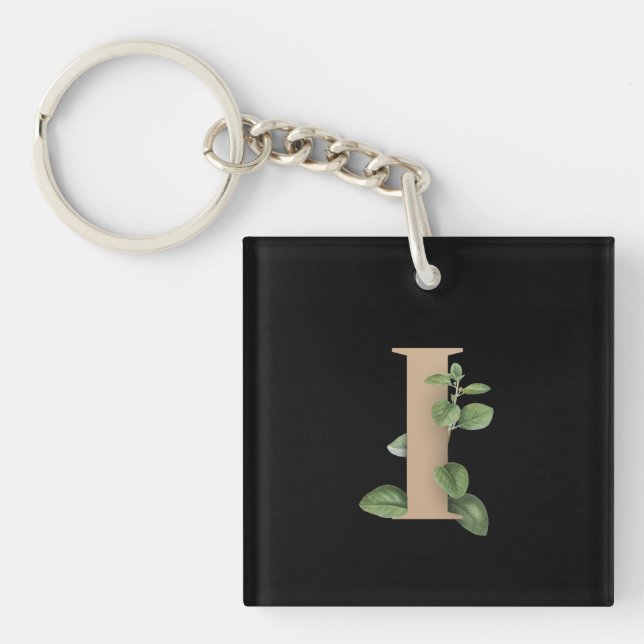 Elegant Botanical Monogram Gold Letter I Key Ring (Front)