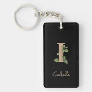 Elegant Botanical Monogram Gold Letter I Key Ring