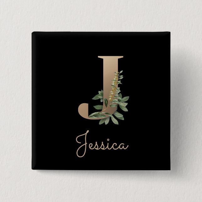 Elegant Botanical Monogram Gold Letter J Button (Front)