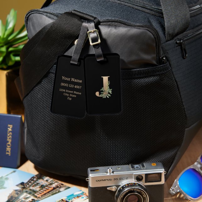 Elegant Botanical Monogram Gold Letter J Luggage Tag (Front & Back)