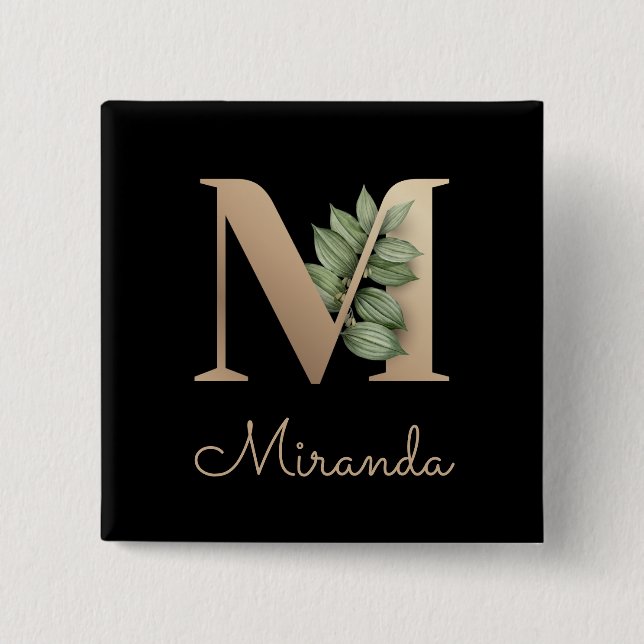 Elegant Botanical Monogram Gold Letter M Button (Front)