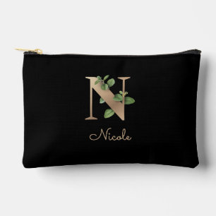 Elegant Botanical Monogram Gold Letter N Accessory Pouch