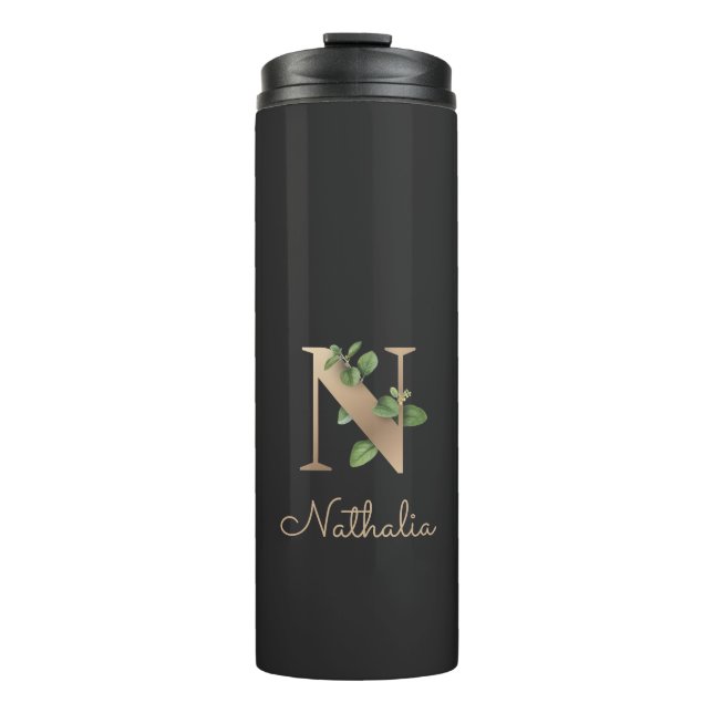 Elegant Botanical Monogram Gold Letter N  Thermal Tumbler (Front)