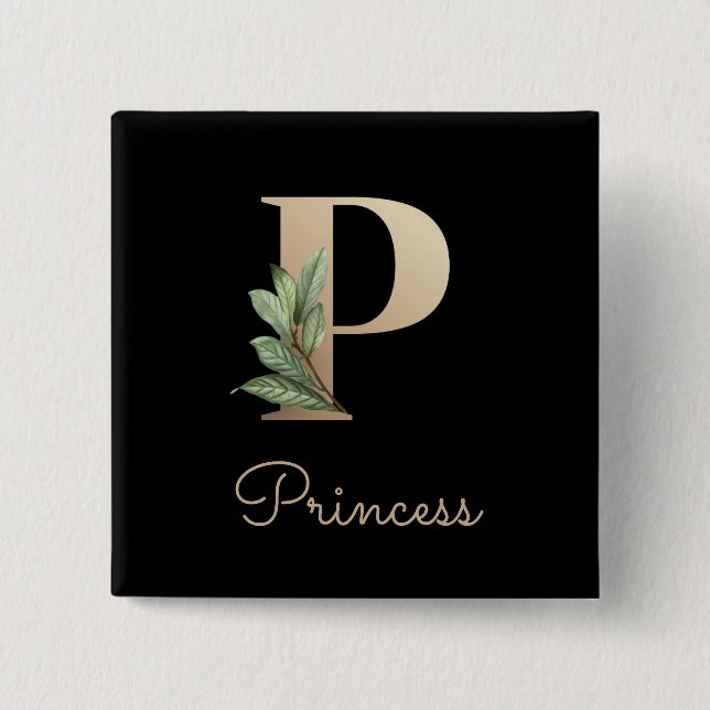 Elegant Botanical Monogram Gold Letter P Button (Front)
