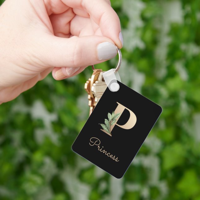 Elegant Botanical Monogram Gold Letter P Keychain (Hand)