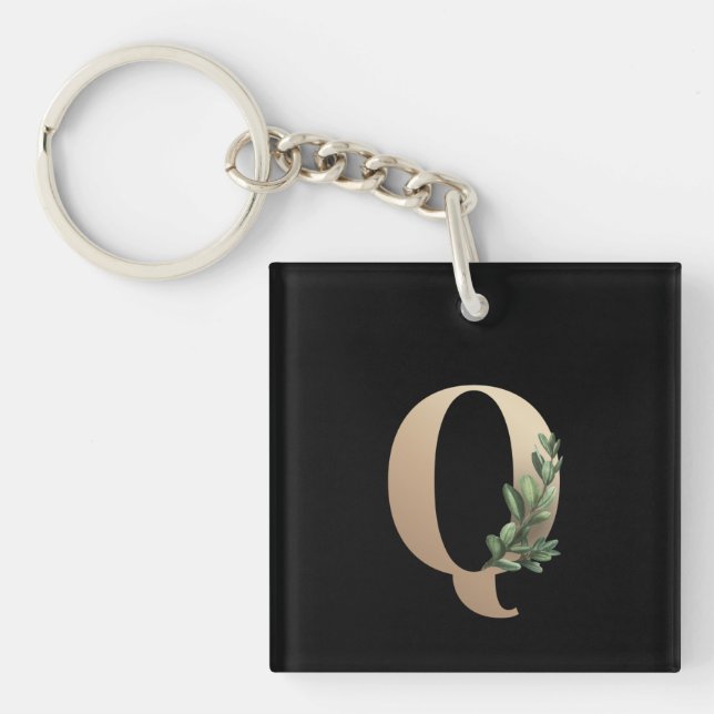 Elegant Botanical Monogram Gold Letter Q Key Ring (Front)