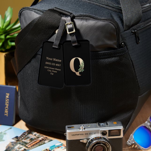 Elegant Botanical Monogram Gold Letter Q Luggage Tag (Front & Back)