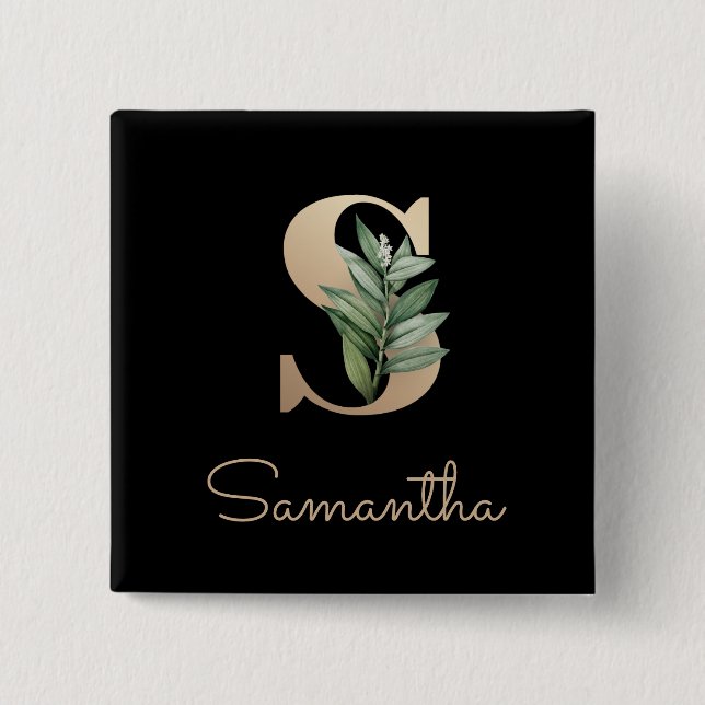 Elegant Botanical Monogram Gold Letter S Button (Front)