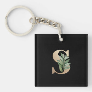 Elegant Botanical Monogram Gold Letter S Key Ring