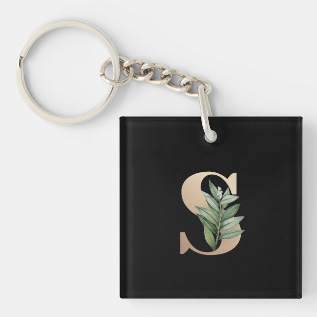 Elegant Botanical Monogram Gold Letter S Key Ring (Front)