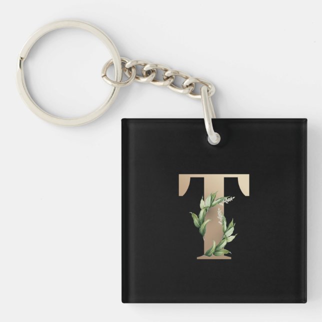 Elegant Botanical Monogram Gold Letter T Key Ring (Front)