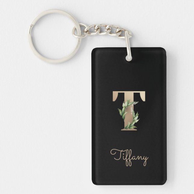 Elegant Botanical Monogram Gold Letter T Key Ring (Front)