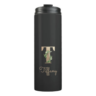 Elegant Botanical Monogram Gold Letter T Thermal Tumbler