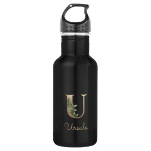 Elegant Botanical Monogram Gold Letter U 532 Ml Water Bottle