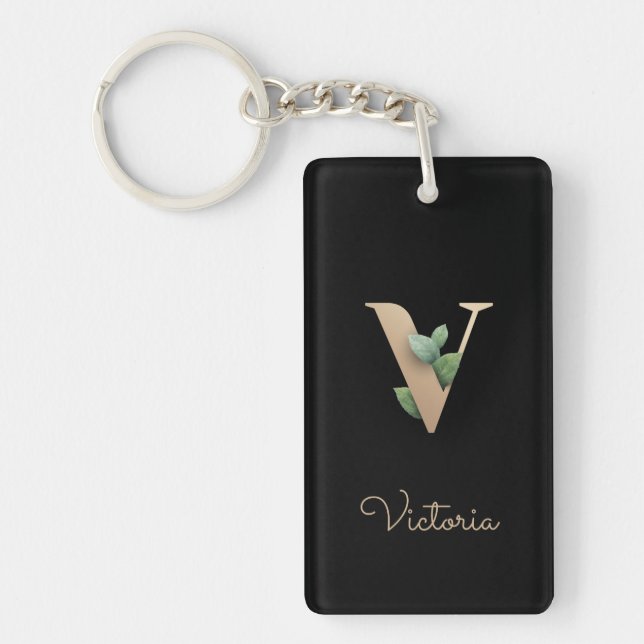 Elegant Botanical Monogram Gold Letter V Key Ring (Front)