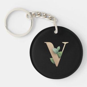 Elegant Botanical Monogram Gold Letter V Key Ring