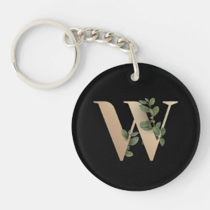 Elegant Botanical Monogram Gold Letter W Key Ring